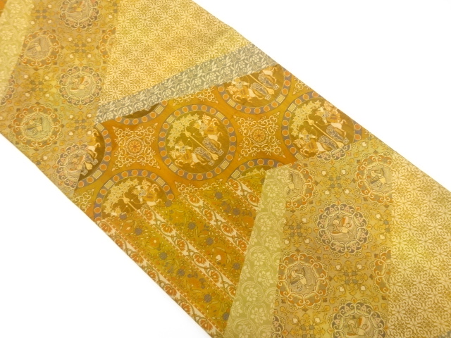 切りばめ風　狩猟に花鳥更紗模様織り出し　袋帯